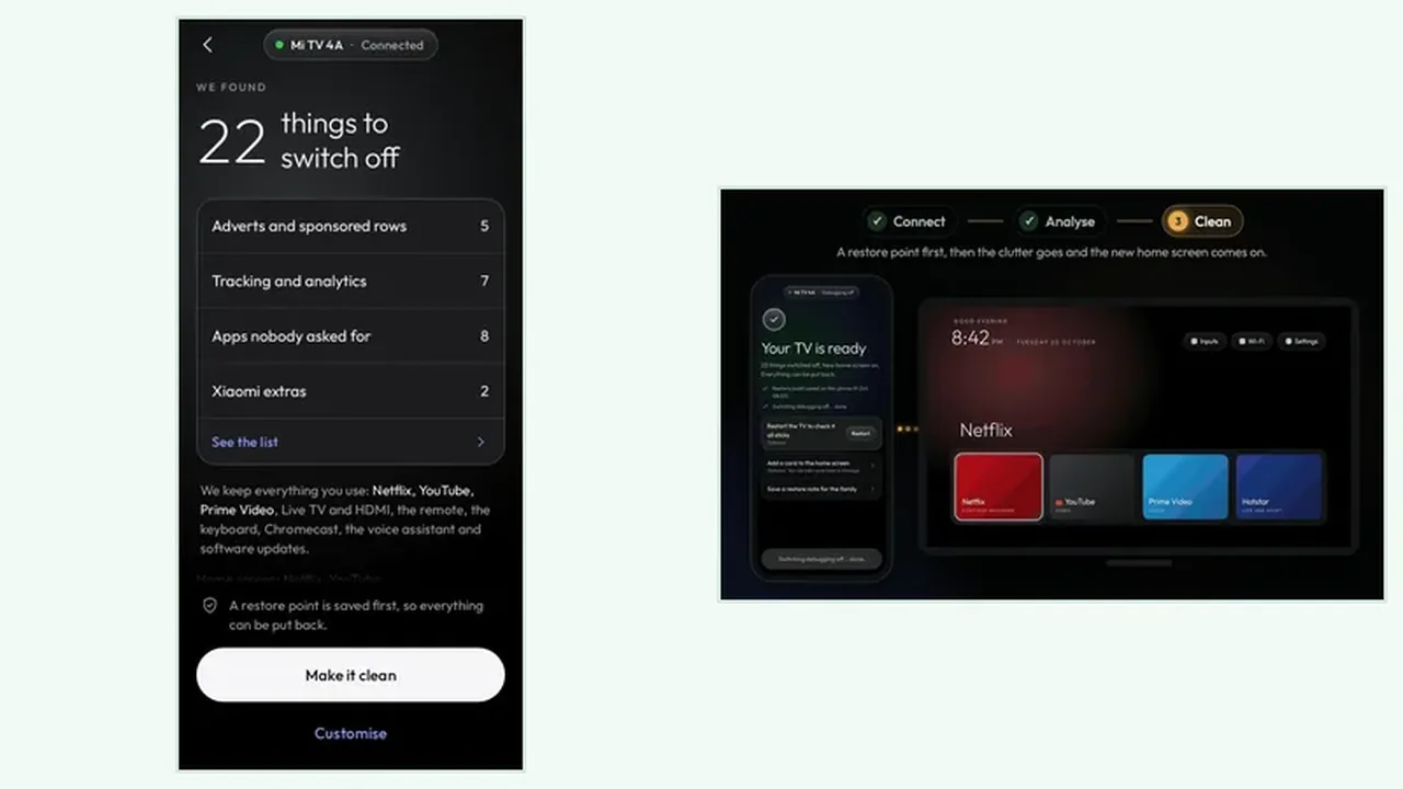 Clean Your TV clean step: TV ready with 23 things switched off and a new home screen