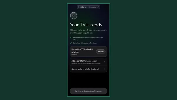 Clean Your TV clean step: TV ready with 23 things switched off and a new home screen