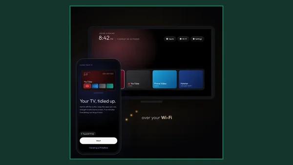 Clean Your TV official start view: phone ready to start and TV home screen tidied